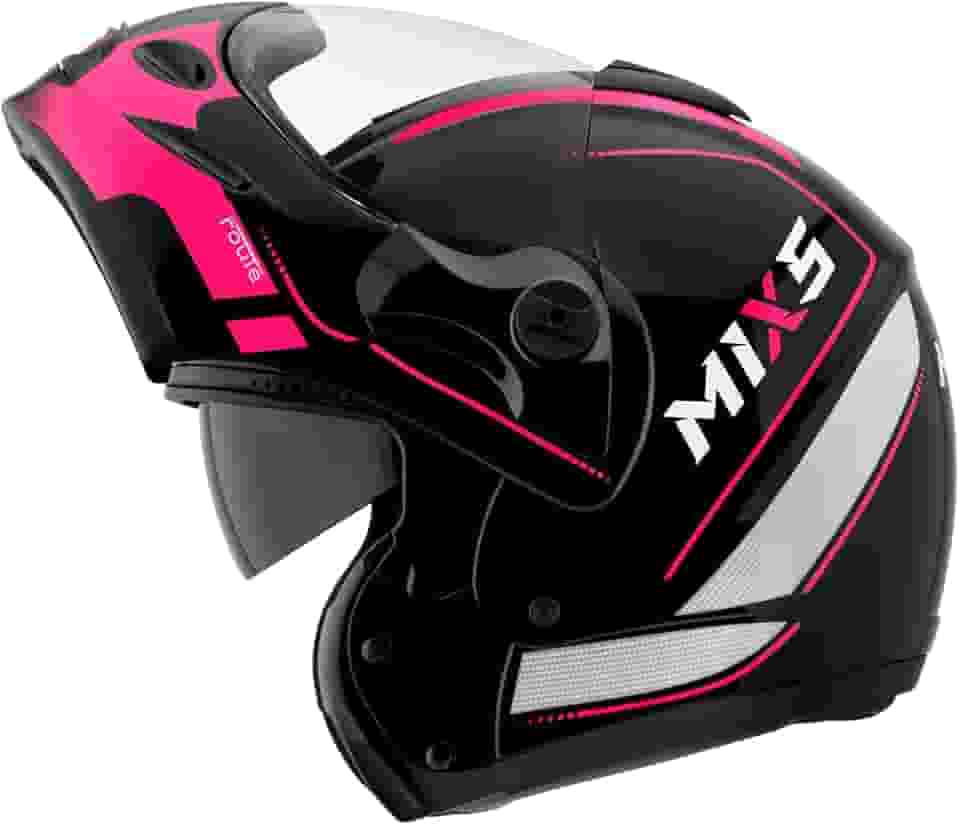 Capacete de Moto Mixs MX Captiva Route Brilhante Com Viseira Interna Solar Óculos de Sol Articulado Escamoteável Robocop Cinza Com Rosa