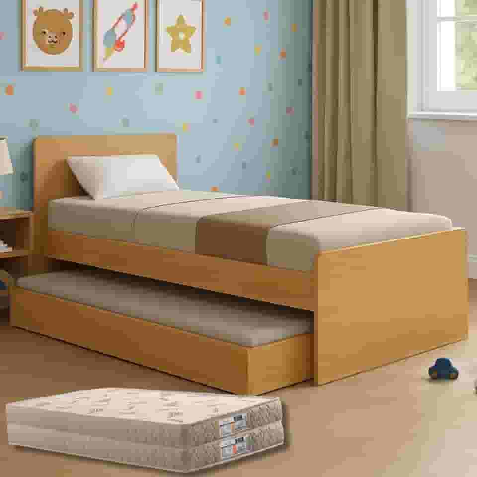 Bicama Solteiro Bibox Cama com Auxiliar e Colchões Premium Bordado (Colchões D33, Cinamomo)