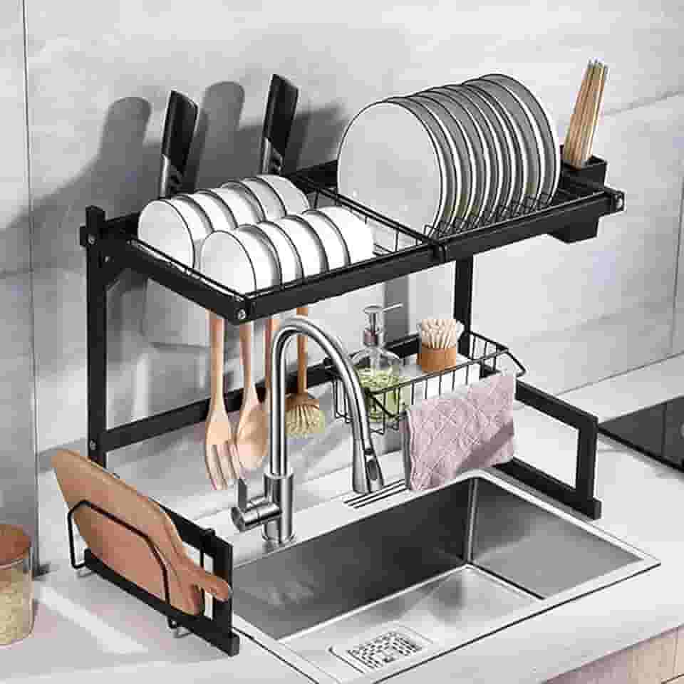 Escorredor de Louça Suspenso 2 Andares Inox Preto 65cm com Porta Talheres e Suporte para Pratos, Copos e Utensílios – Organizador de Pia Ajustável e Resistente