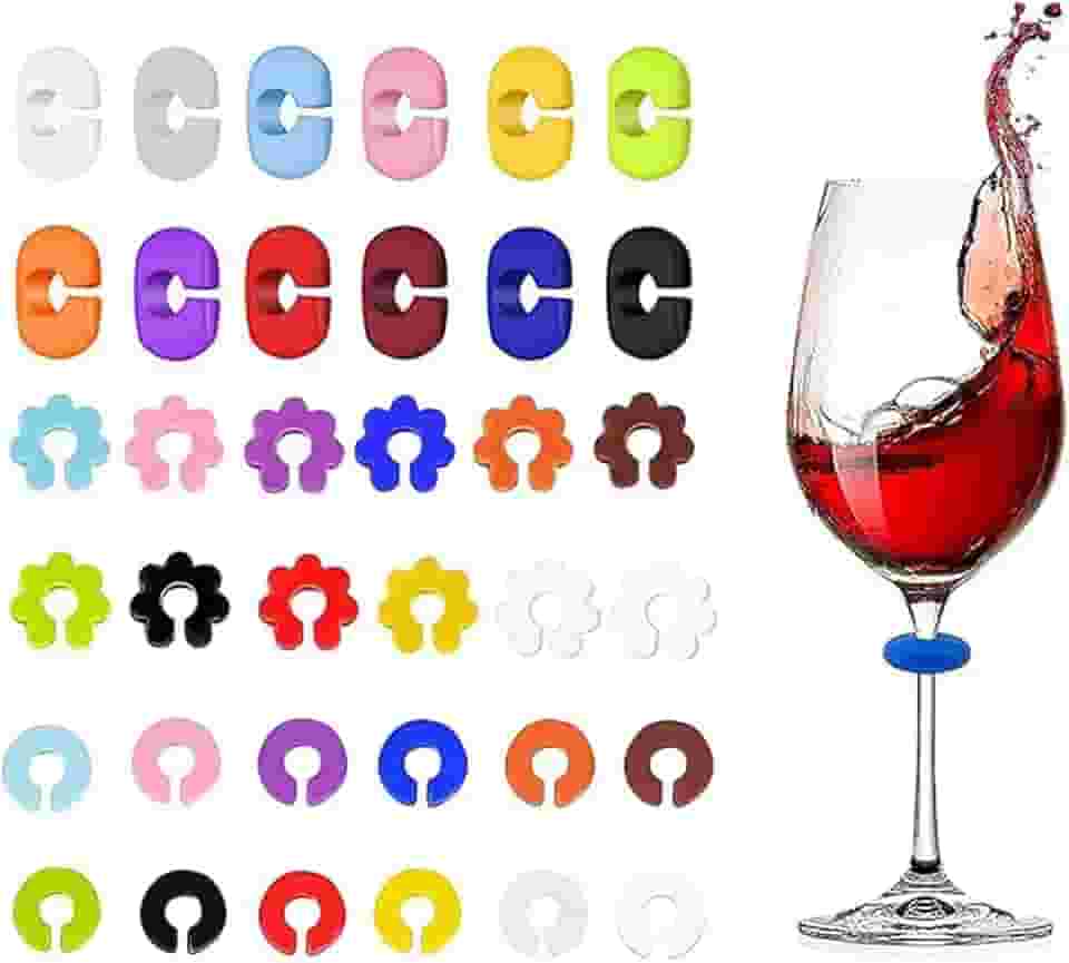 TuTuYa Pingentes de taça de vinho, 36 peças, marcadores de bebida de silicone reutilizáveis, identificadores de copo de vinho para copos e copos em festas, aniversários, Natal, carnavais, banquetes