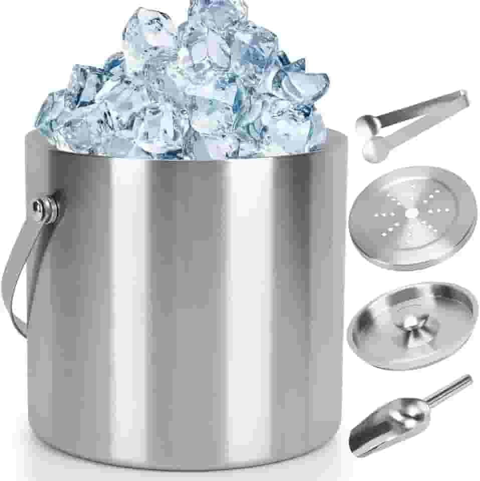 Balde de Gelo de Aço Inoxidável 3L, Com Tampa, Colher, Pinça, Balde de Gelo de Aço Inoxidável Isolado de Parede Dupla, Baldes De Gelo 3l Inox