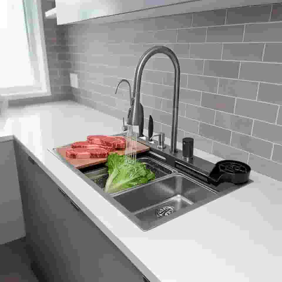 Pia Cuba Gourmet Para Cozinha de Embutir Aço Inox 304 Com Torneira Ducha Retrátil Ralo Escorredor Tábua Lava Copos Completa (Escovado)