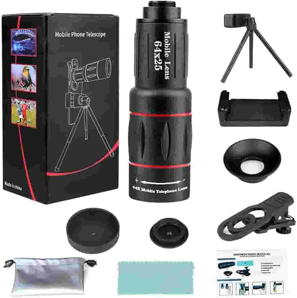 Lente teleobjetiva 64x para celular, telescópio monocular HD com suporte de tripé ajustável e braçadeira, lente zoom FMC para fotografia de longa distância, vlogging, observação de pássaros