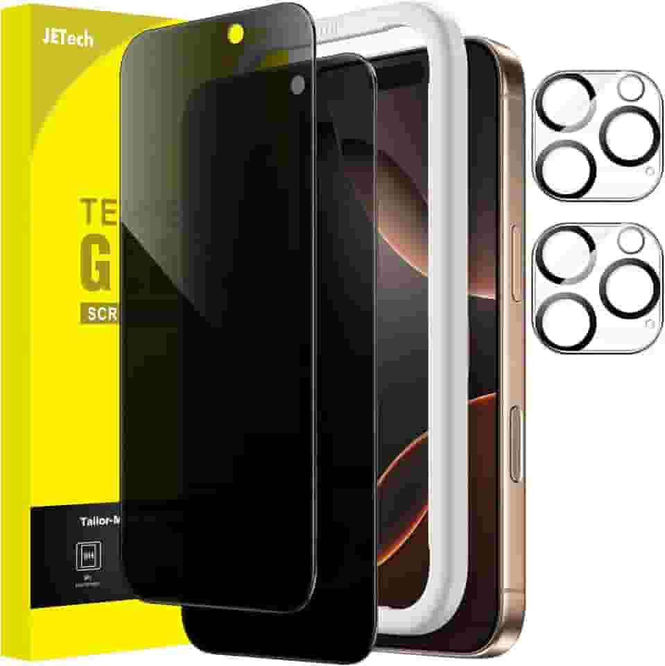 JETech Película de Vidro Temperado de Privacidade para iPhone 16 Pro Max 6,9 Polegadas com Protetor de Lente de Câmera, Protetor de Tela Anti-Espião, Ferramenta de Fácil de Instalar, Pacote com 2
