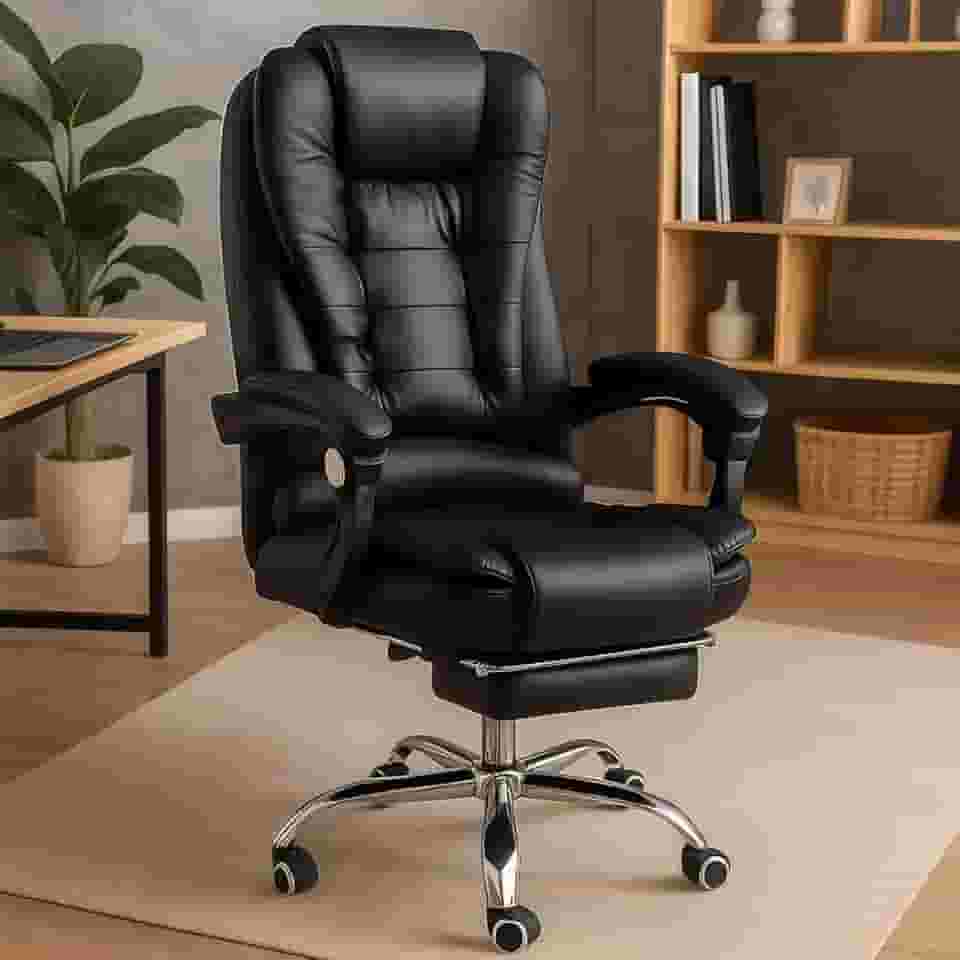 Cadeira Escritório Presidente Apoio Para Os Pés Reclinável Ergonômica Em Couro