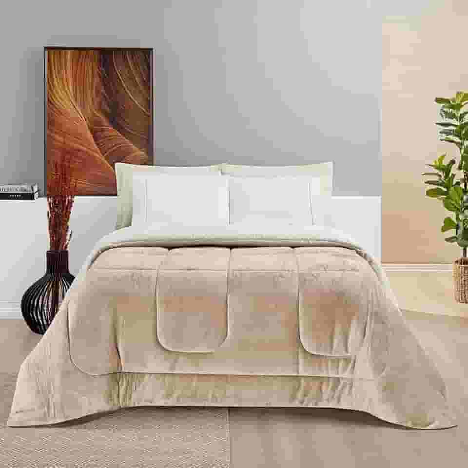 Cobertor QUEEN GIGANTE Manta Coberta Sherpa Macio Frio Intenso Grosso Coberdrom Dupla Face (Caqui)