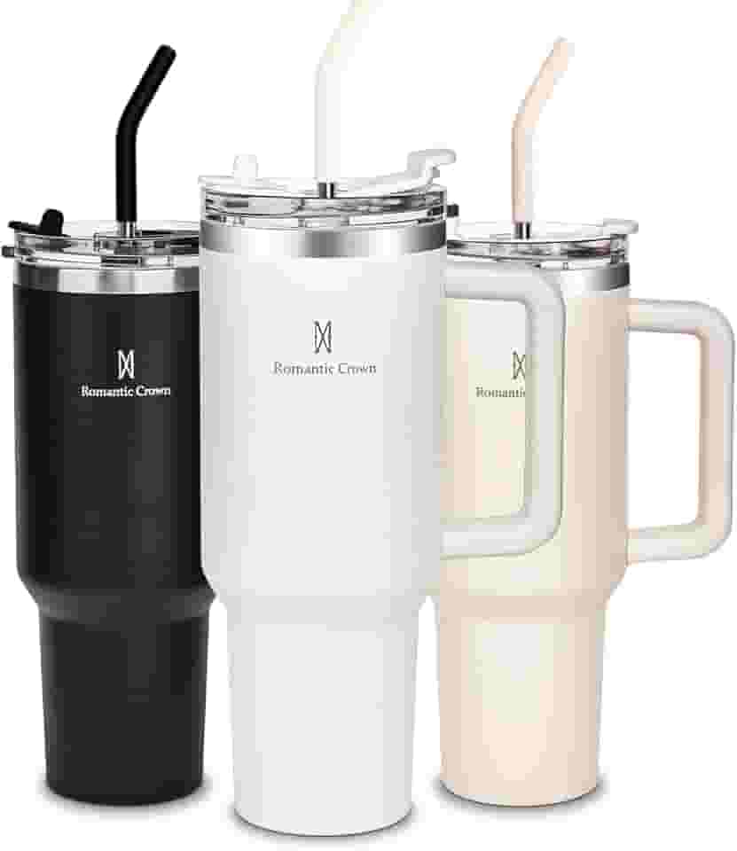 Romantic Crown Copo Térmico com Canudo Tampa e Alça 1,18L, Copos Garrafas Termico para viagem vácuo dupla camada aço inoxidável, Caneca Termica Cafe Água Chá,Presente, Fitness (Creme)