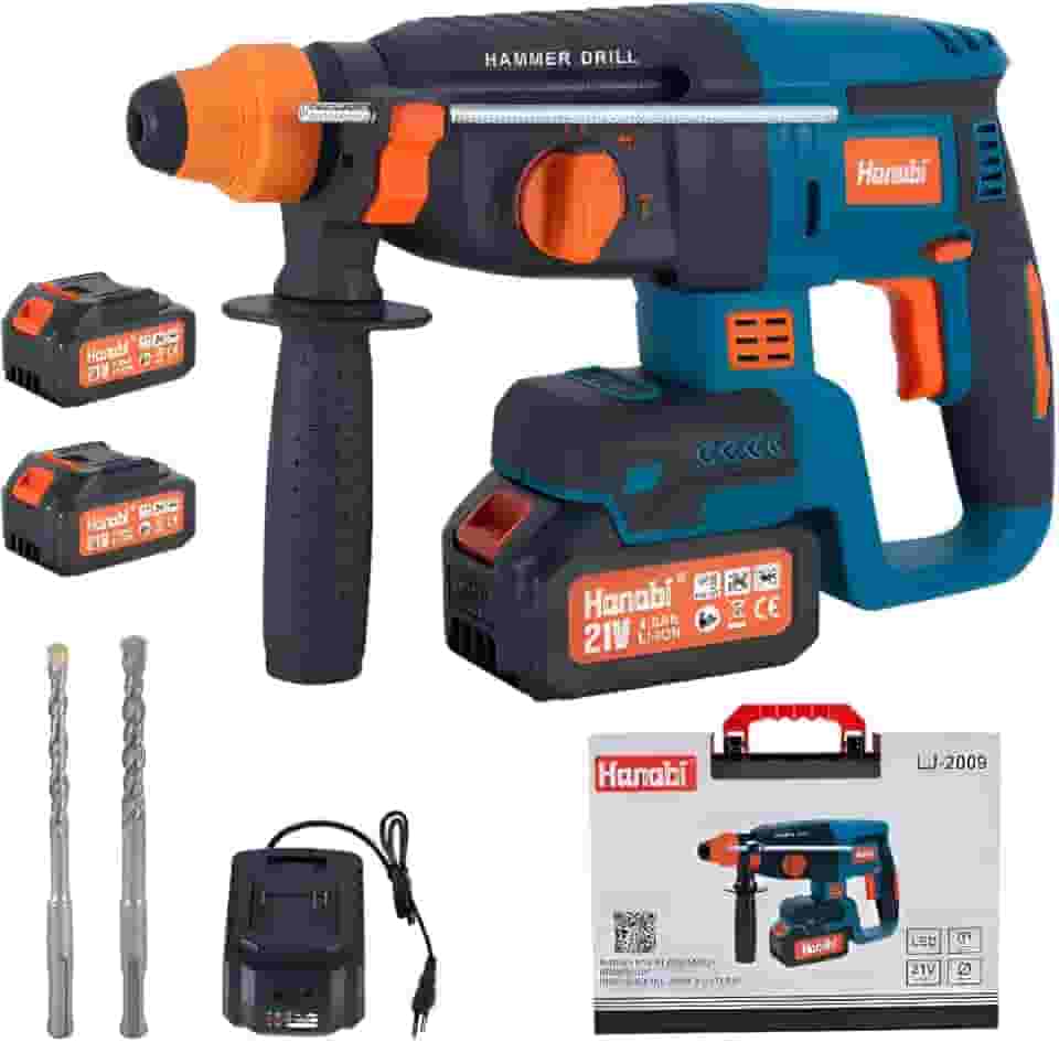 Hanabi Martelete Perfurador Bateria 21V 4.0Ah Furadeira Martelete Profissional Sem Fio 2 Baterias 1300Rpm Furadeira De Impacto Sds Plus 13mm 26mm