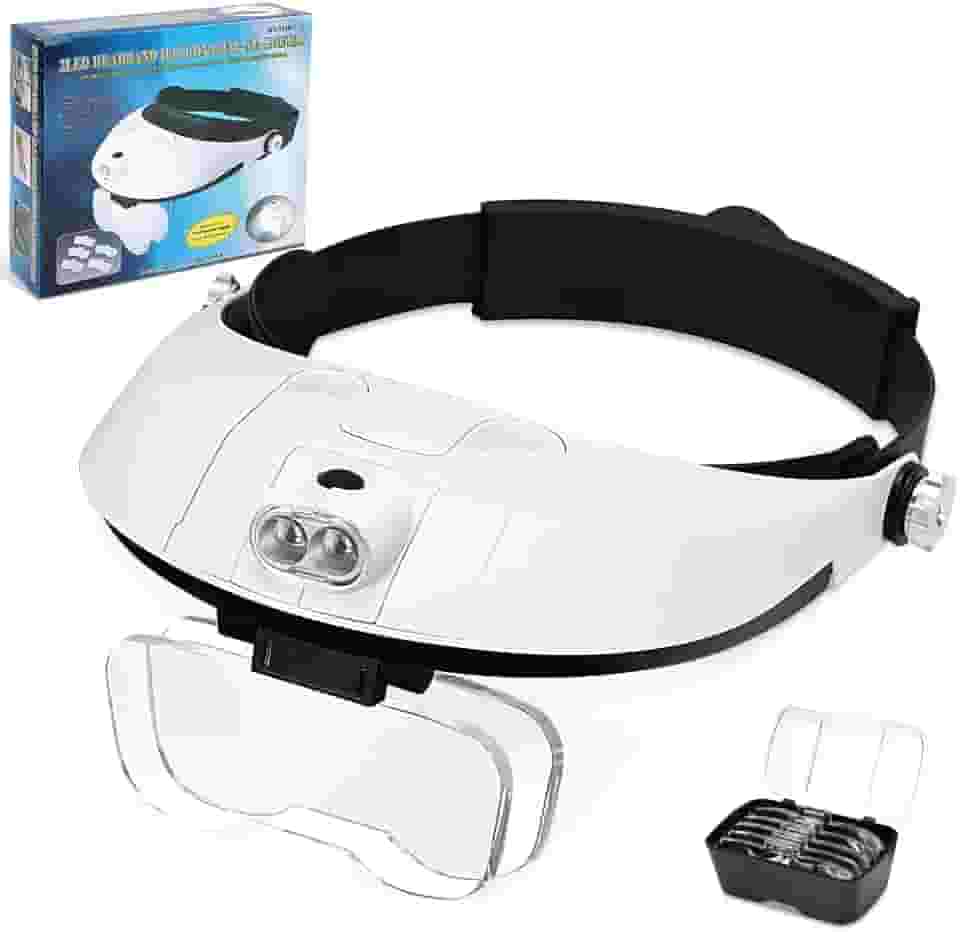 Lupa de Cabeça, Lupa de Cabeça com 2 LEDs e 4 Lentes de Aumento, Profissional Óculos Leitura, Pode Ser Utilizado para Ler
