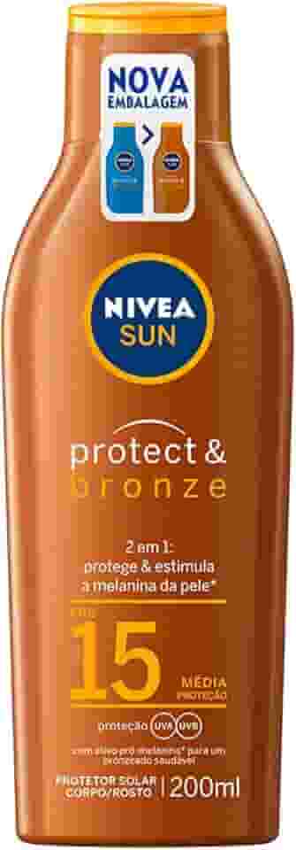 NIVEA SUN Protetor Solar Protect & Bronze FPS15 200ml - Com ativo de pró melanina, resistente à água, protege dos raios UVA/UVB, ajuda a manter a cor bonita e uniforme por mais tempo