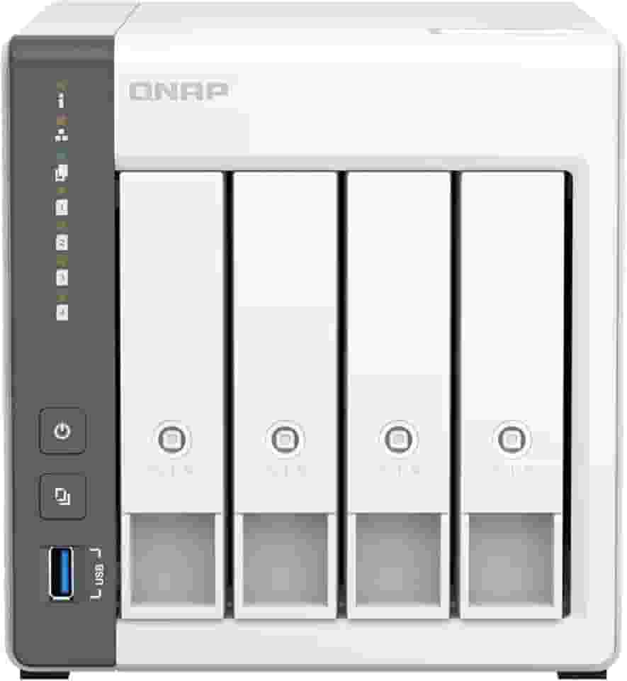 Storage NAS QNAP TS-433-4G-US (ARM de 4 núcleos Cortex-A55 de 2,0 GHz/4 GB integrada/1xPorta Ethernet 2,5 Gigabit (2,5G/1G/100M)/4BAIAS/80TB/TORRE/*SEM HDD*)