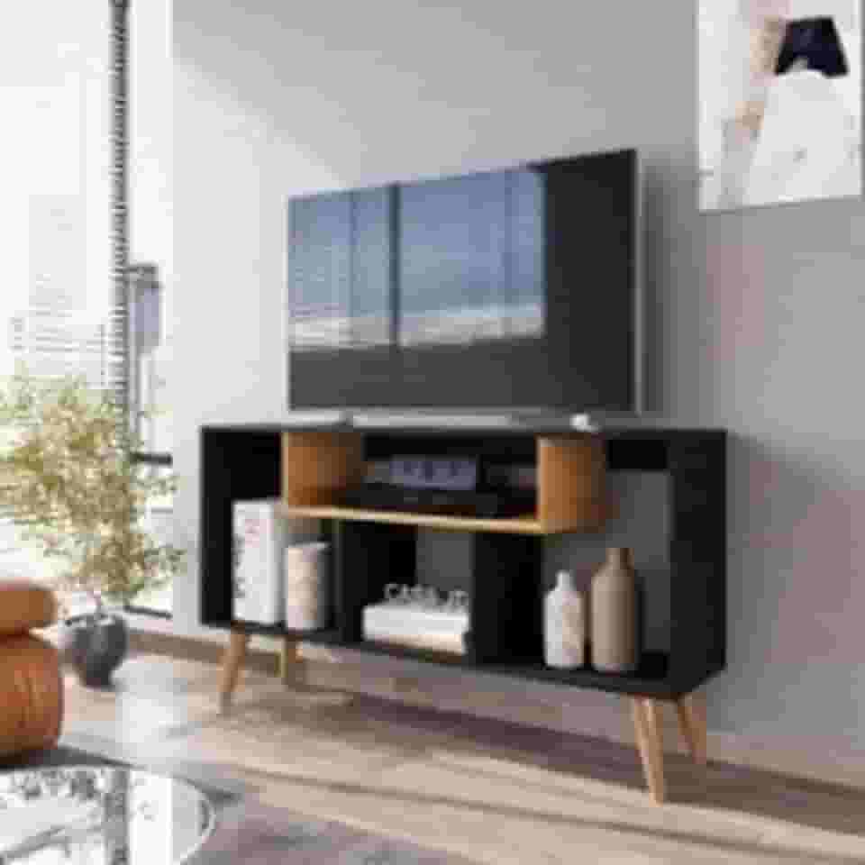 Rack Bancada Para Tv De Até 43 Polegadas Com Prateleira E Nichos Para Sala De Estar Casa Jd (Preto/Nature)