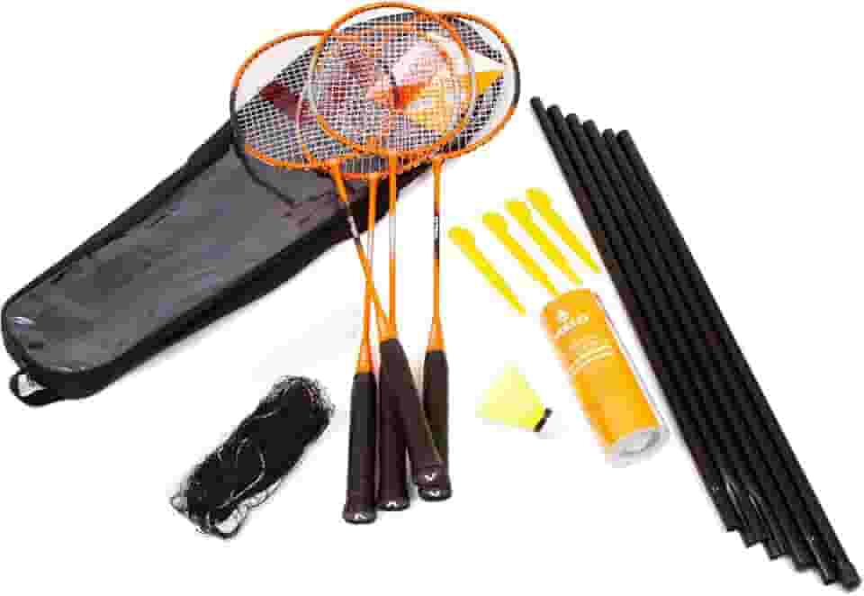 Kit Badminton: 4 Raquetes 3 Petecas de Nylon Rede e Suporte Vollo Sports