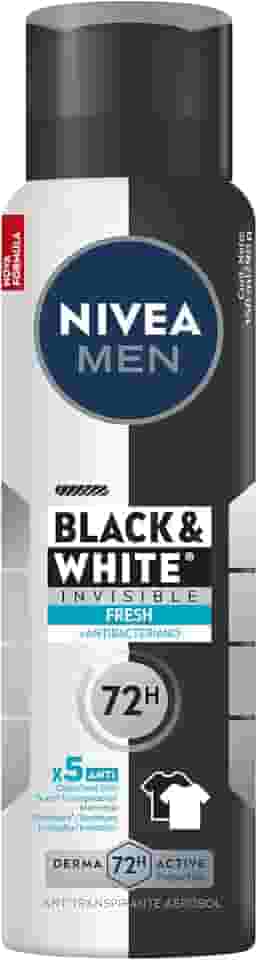 NIVEA MEN Desodorante Antitranspirante Aerossol Invisible Black & White Fresh 150ml - Proteção prolongada de 48h, cuidado suave, ação antibacteriana, fórmula 5 em 1: anti-manchas