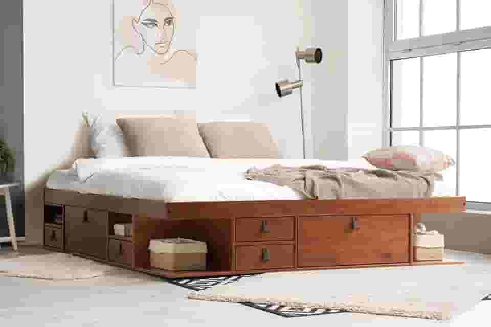 Cama King Size de Madeira com 6 Gavetas Bali Meu Móvel de Madeira - Caramelo