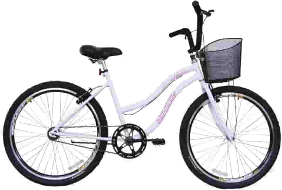 Bicicleta Feminina 26 Beach Retrô Branca Monomarcha com Aros duplos, Pneus Slik, Paralamas e Cesta Rosa- Dalannio Bike