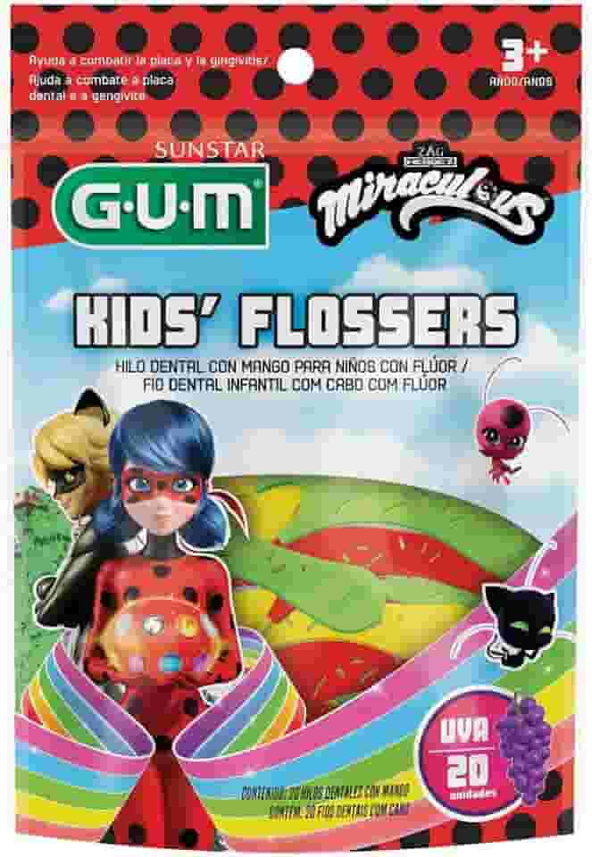 GUM Flosser Miraculous Fio Dental Infantil Com Haste Sabor Uva, Sortidas