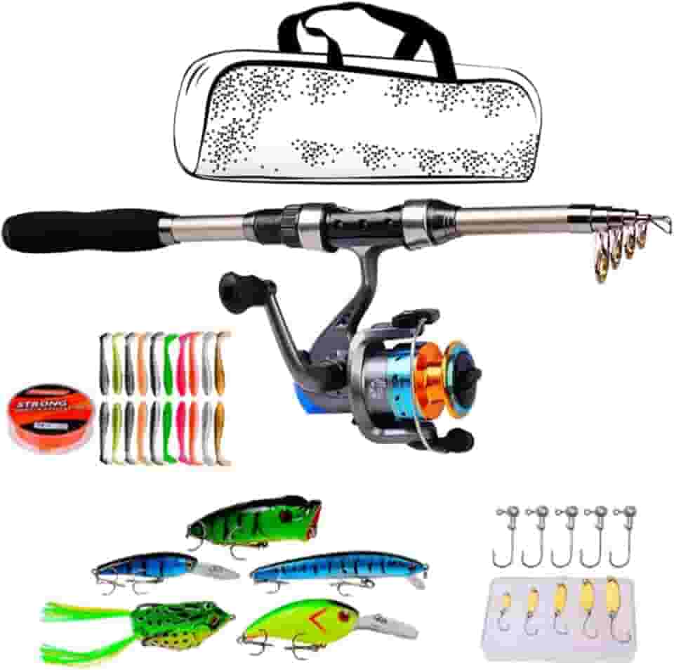 Vara de Pesca com molinete, 1,8m, Fibra de Carbono, Telescopica, Pesca para Iniciantes e ProfissionaisInclui Iscas, Anzóis e Bolsa de Transporte - kit de pesca completo profissional