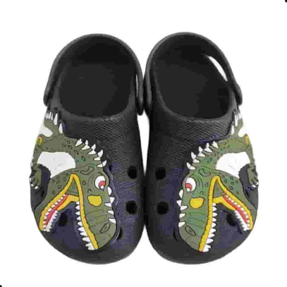 Babuche Infantil Menino T-Rex Dinossauro Estampado, Sandália Anatômica com Solado Antiderrapante, Confortável, Leve e Flexível, Calce Fácil