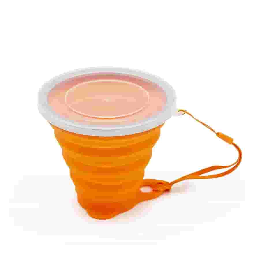 Copo Silicone Dobrável Retrátil Borda de Inox Com Tampa 270ml Ecológico Reutilizável Fino Bolso (Laranja)
