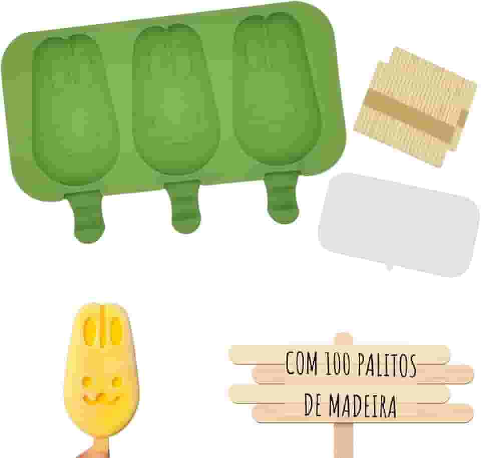 Formas Sorvete Picole Caseiro Silicone Com 3 Cavidades Tampa 100 palitos (Coelhinho)