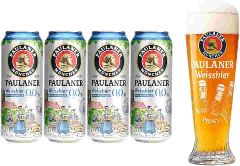 Kit 4 Cervejas Paulaner Weiss Zero Álcool Lata 500ml + Copo Prost