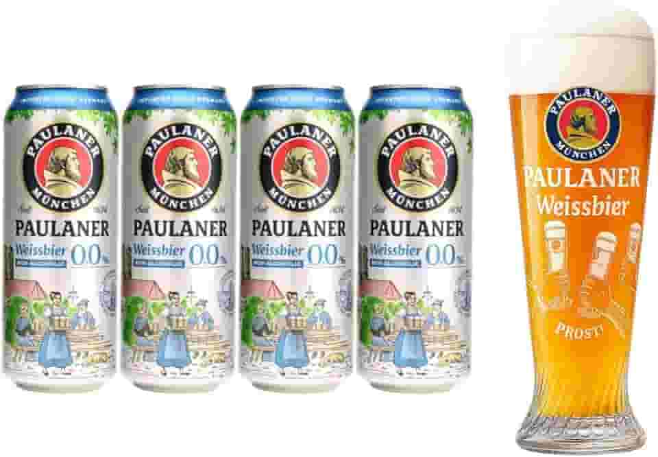 Kit 4 Cervejas Paulaner Weiss Zero Álcool Lata 500ml + Copo Prost