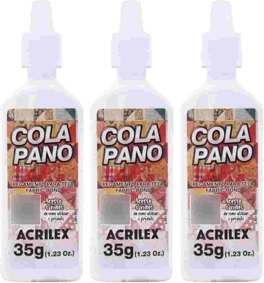 Bisnaga Super Cola Pano Acrilex 35g – Kit com 3 Unidades – Fixação Forte para Tecidos, Ideal para Artesanato, Patchwork, Roupas e Projetos DIY
