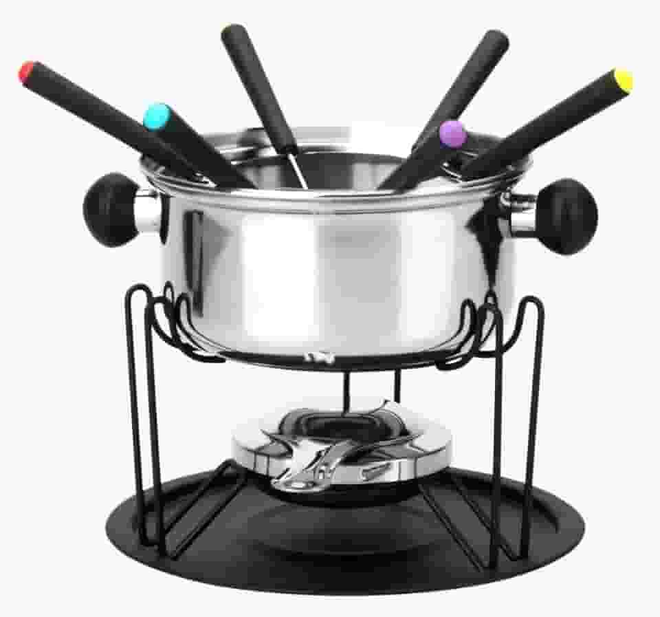 Kit Fondue 11 Peças, Panela em Inox 22cm com Base Giratória, 6 Garfos Coloridos, Suporte e Queimador