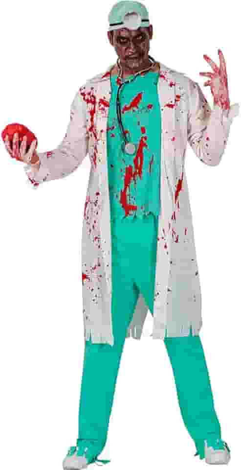 Fantasia Médico Zumbi de Halloween Adulta Masculina Assustadora Terror Jaleco Ensanguentado Camisa Calça e Luvas Sangrentas de Luxo