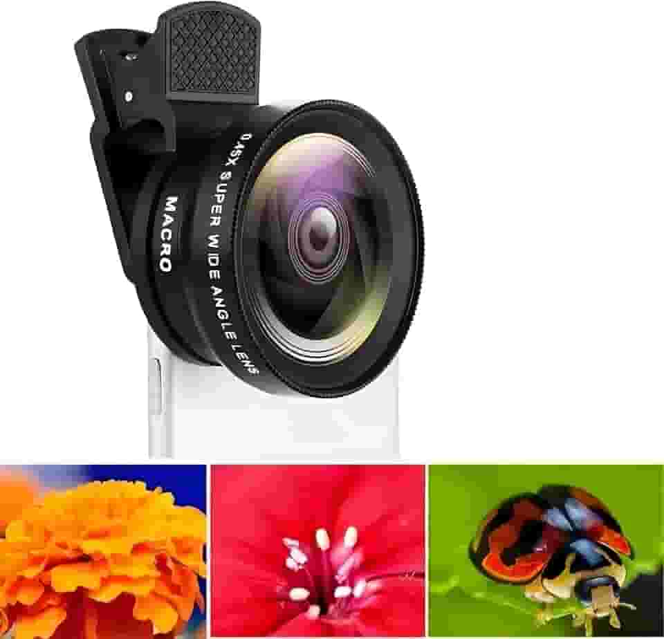 Kit de lentes 2 em 1 para celular - macro 15x e lente grande-angular 0,45x para iPhone, Samsung e smartphones Android (preto)