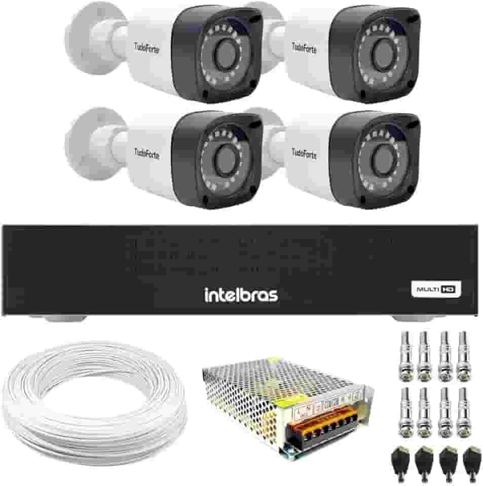 Kit 4 Câmeras Tudo Forte TF 2020 B Full HD 1080p Bullet com Visão Noturna 20M Proteção IP66 + DVR Gravador Intelbras MHDX 1104-C 4 Canais