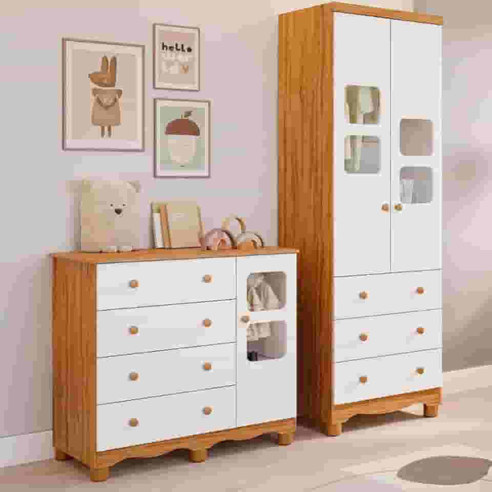 Quarto de Bebê Completo Guarda Roupa Uli 2 Portas Cômoda Uli Peroba