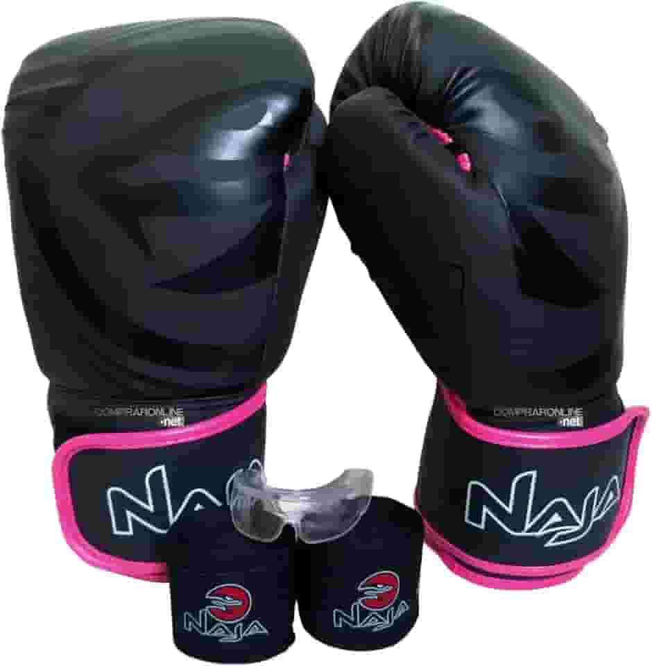 Luva de Boxe e Muay Thai Naja Black Line + Bandagem + Protetor Bucal + Bolsa (14oz, Rosa)