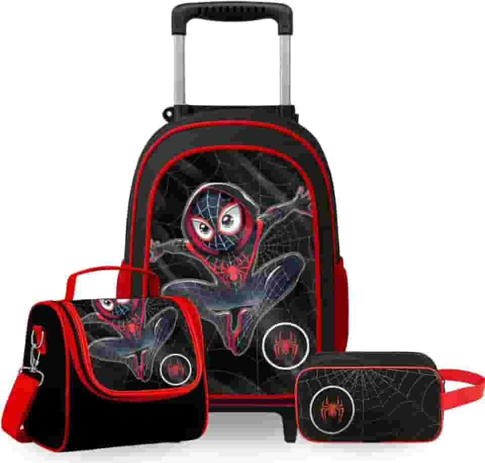 Kit Mochila de Rodinha Escolar Aranha Infantil Masculino + Lancheira Transversal + Estojo Duplo Menino