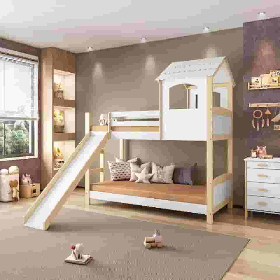 Beliche Infantil Casinha Com Escorregador Madeira e Mdf - Casatema Branco/natural