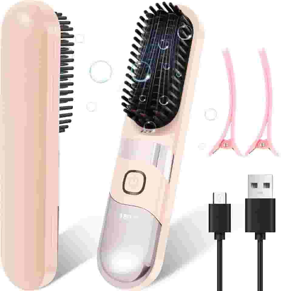 Escova alisadora de cabelo pequena, mini escova de alisamento sem fio portátil de 6 temperaturas para mulheres, viagens, salão de beleza e uso estudantil, recarregável (rosa)