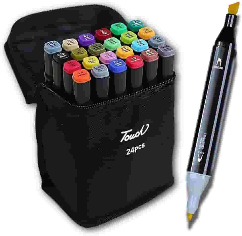 Kit de 24 Canetas Marcador Permanente Ponta Dupla Touch Coloridas para Desenho Profissional Escolar Infantil com Estojo Organizador Base Artista Canetinhas Hidrográficas Alcool Caneta para Colorir