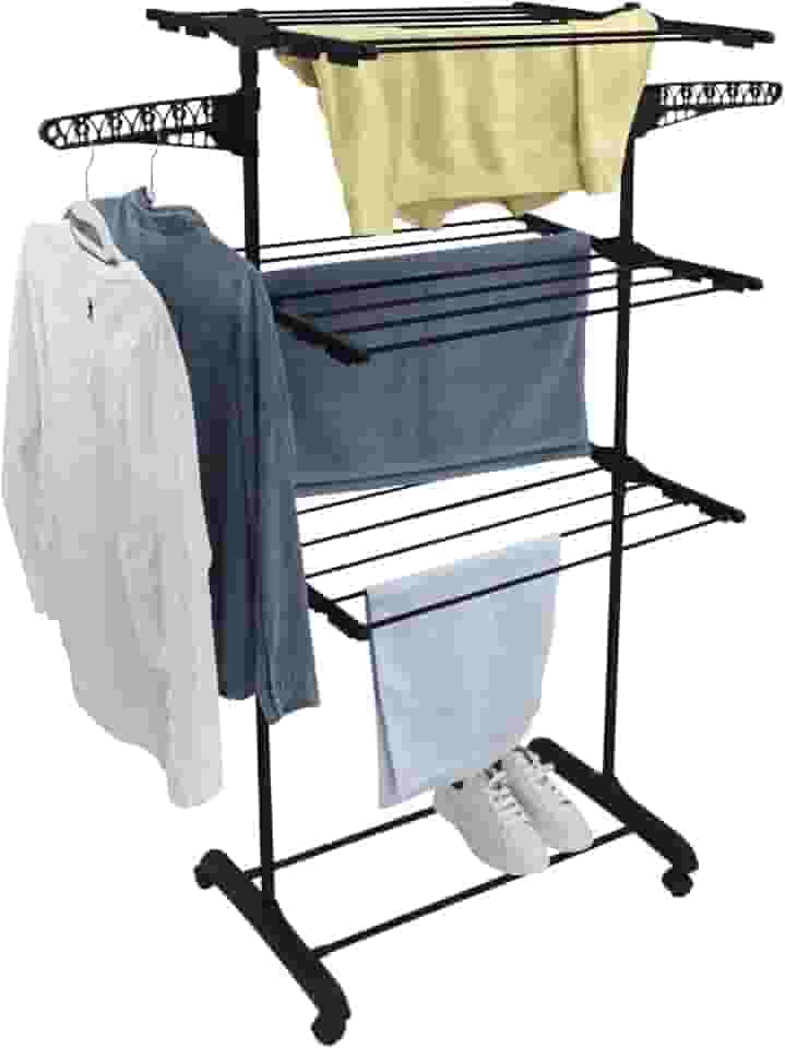 Varal De Chão 3 Andares Grande de Roupas Dobrável Regulável Retrátil com Rodinhas e Ganchos Compacto