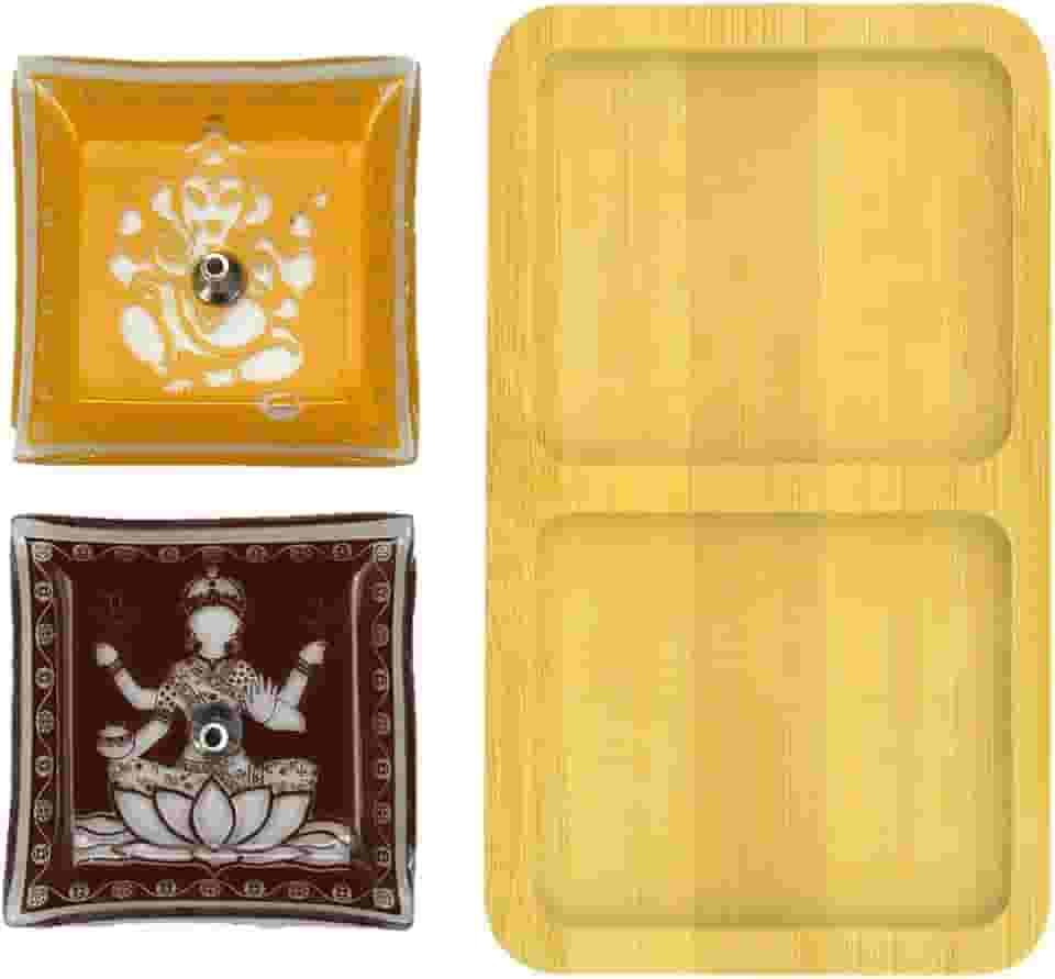 Kit Suporte de Vidro para Incenso com Aparador de Bambu – Incensário Elegante para Varetas (Tabaco e Mostarda)