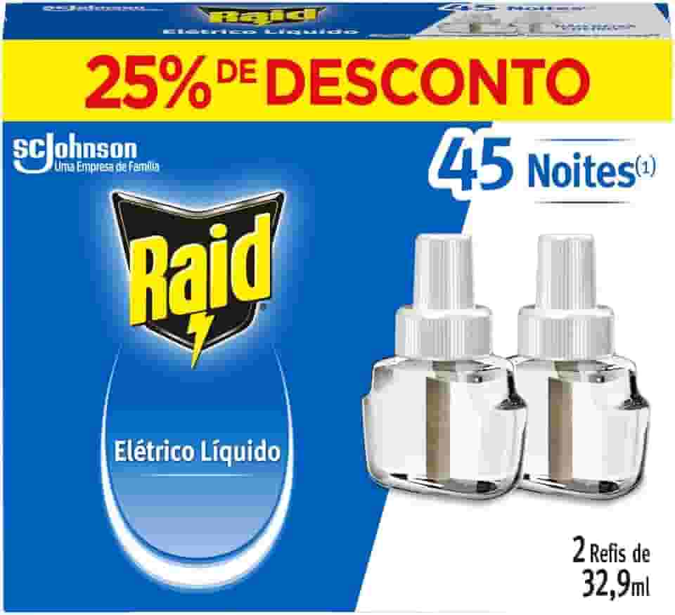 Raid Repelente Eletrico Líquido, 45 Noites, 2 Refis de 32,9ml