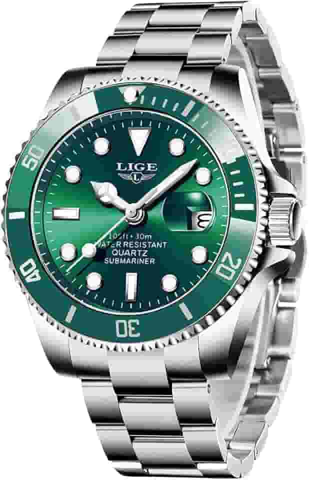 Relógios masculinos modernos de aço inoxidável para homens esportes à prova d'água relógios de luxo marca LIGE relógio de pulso casual azul relógio de data.., Verde, 8.07