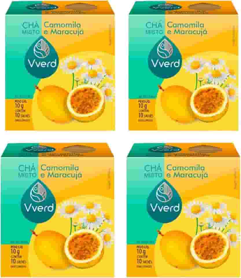 Kit 4 CháS Maracujá com Camomila Vverd 10 Sachês Cada Relaxante Natural, Calmante, Infusão Premium 40 Dias de Suporte ao Bem-Estar