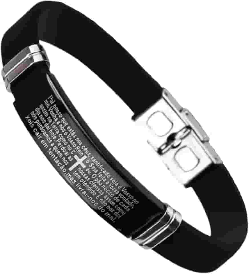 Pulseira Masculina Pai Nosso Aço Preta Bracelete Premium Oração