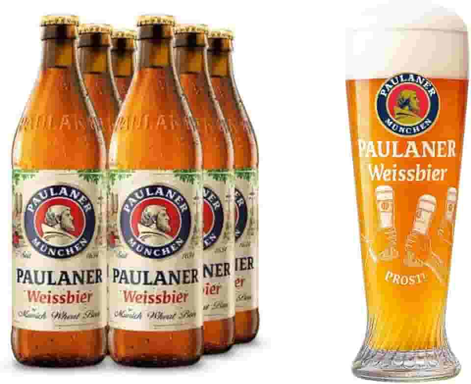Kit com 6 Cervejas De Trigo Paulaner Weissbier Original 500ml + Copo Prost