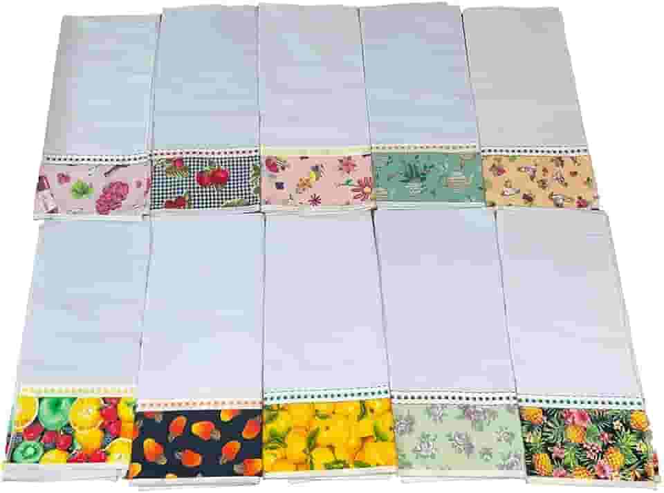 Kit 10 Peças Pano de Copa para Cozinha, 100% Algodão, Sacaria Pé de Galinha, Barrado Estampado, 50 x 70 cm