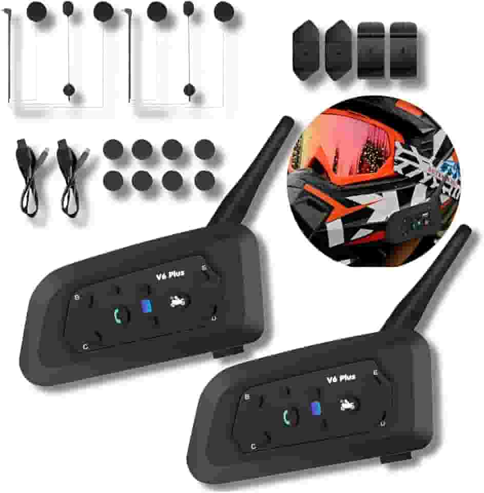 Intercomunicador V6 Plus Bluetooth para Capacete Moto Comunicação até 6 Fones Resistente à Chuva Bateria 850mAh 2 Unidades com Microfone Estéreo e Clipes