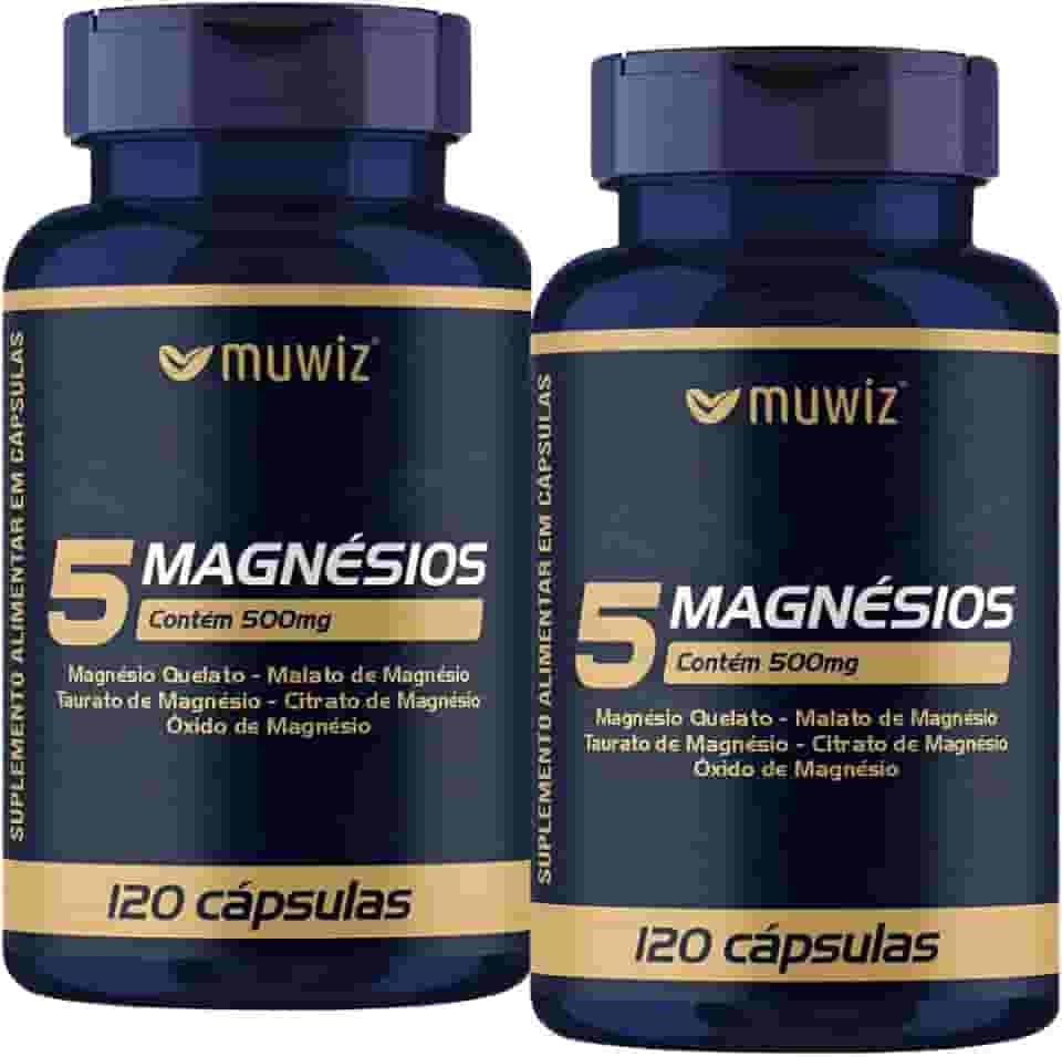 5 Magnésios 500mg – Kit com 2 Frascos de 120 Cápsulas – Magnésio Dimalato, Treonato, Malato, Citrato e Glicinato – Magnésio 5 em 1