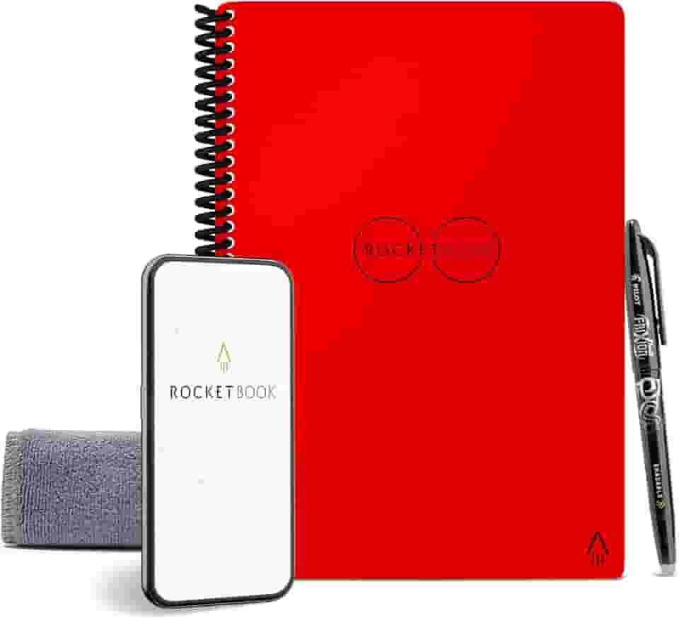 Caderno reutilizável inteligente Rocketbook Dot-Grid com 1 caneta Pilot Frixion e 1 pano de microfibra incluído – Capa Atomic Red, tamanho executivo (15 x 22 cm)