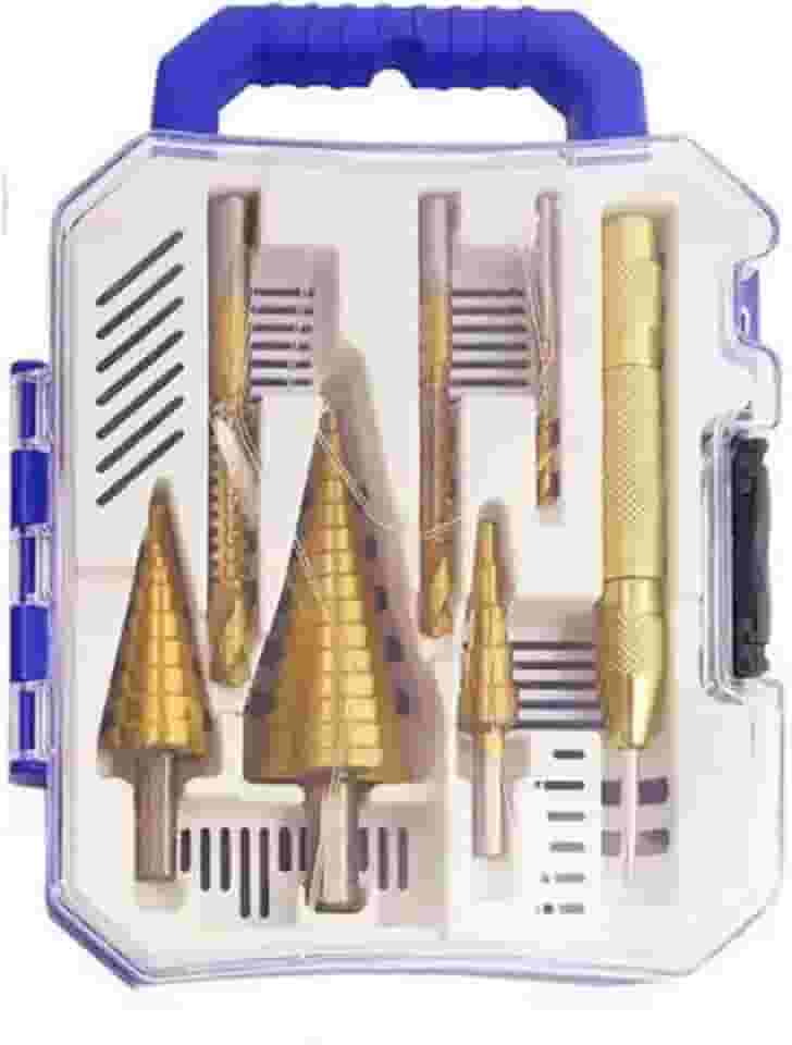 Jogo de Brocas Escalonadas 7 Peças com Corte Lateral + Marcador Punção – Estojo Organizador para Madeira, Metal, Alumínio, Cobre e Plástico – Compatível com Furadeira e Parafusadeira